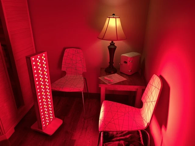 Relaxation area beside the Valo red light panel at Uplift Wellness & Aesthetics